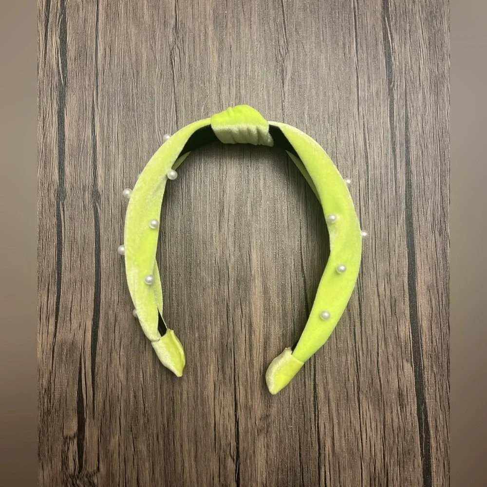 BP Florescent Yellow/Green Knotted Headband with Pearl Accents
